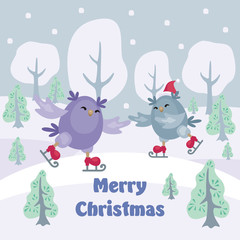 Christmas greeting card with the image of funny owls. Full color vector illustration.
