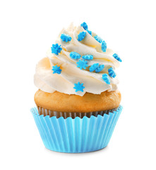 Tasty cupcake on white background