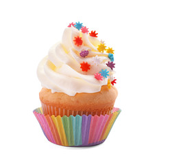 Tasty cupcake on white background