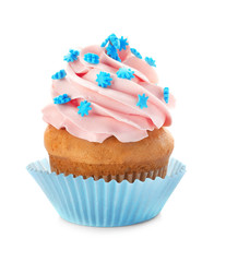 Tasty cupcake on white background