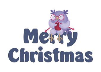 Christmas greeting card with the image of funny owls. Full color vector illustration.