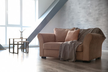 Interior of living room with comfortable sofa