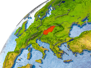 Map of Hungary in red on globe