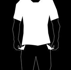 Vector illustration of a poor man showing his empty trouser pocket in black an white