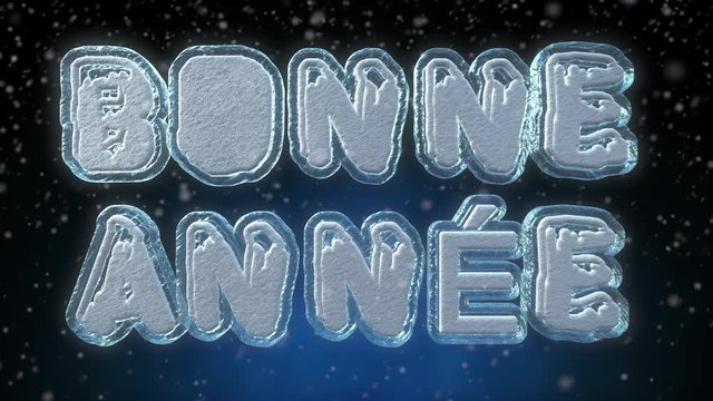 Happy New Year 3D Text Looping Animation in French Language - Bonne Ann&eacute;e - Frozen Ice Text Effect With Snow Falling - 4K Resolution Ultra HD
