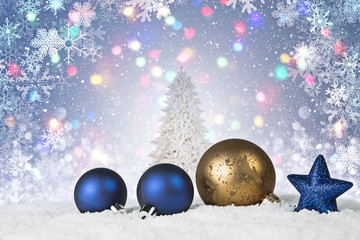 Christmas scene with gold and blue ornaments