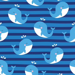 seamless whale with blue striped background pattern vector illustration - 184630224