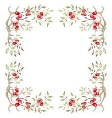 Watercolor Floral Frame with Red Berries