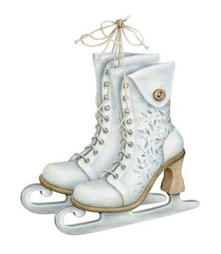 Watercolor Vintage Ice Skates with Blue Pattern