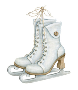 Watercolor Vintage Ice Skates