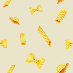 Seamless pattern with italian pasta elements. Hand drawn with pencil texture. Kitchen surface design for napkins, kitchen towels, wrapping paper, wallpaper