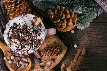 Christmas or New Year composition with hot chocolate or cocoa drink with whipped cream