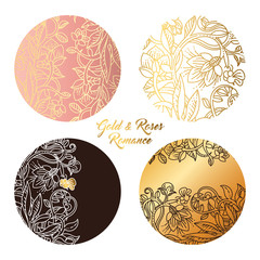 Vintage round stickers - gold, pink and black flourish ornaments. Full design under clipping mask.