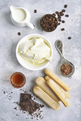 Ingredients for making dessert tiramisu.Top view with copy space.