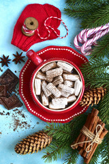 Homemade spicy warming hot chocolate with mini marshmallow in a red cup .Top view .