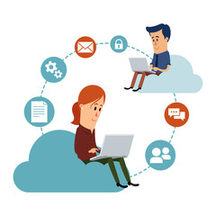 Woman and man working with their laptops, cloud computing concept