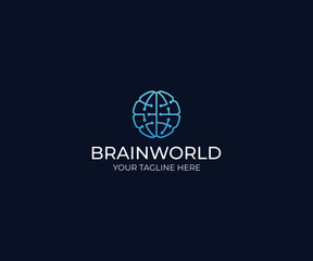 Brain World Logo Template. Circuits Vector Design. Artificial Intelligence Illustration