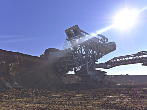 Large bucket-wheel excavator in action at lignete mine.