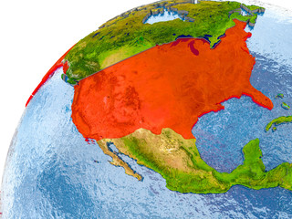Map of USA in red on globe
