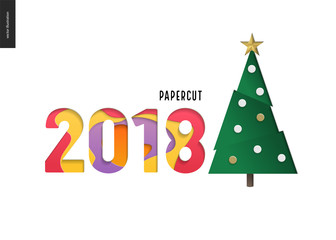 Fototapeta na wymiar Papercut - decorated christmas tree and digit 2018. 3D cut out vector imitation