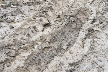 Tire tread of car wheels in the mud.