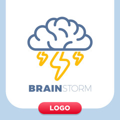 Brain Logo with thunderbolt vector design layout. Creative idea symbol concept. Unique brainstorm power icon template.