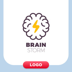Brain Logo with thunderbolt vector design layout. Creative idea symbol concept. Unique brainstorm power icon template.