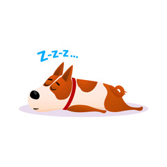 Funny cartoon sleeping dog portrait. Cute dozing flat character. Happy resting puppy of terrier isolated on white background. Napping doggy wearing red collar. Colorful vector illustration.