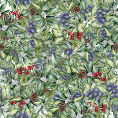 Obraz premium Watercolor floral pattern with eucalyptus leaves and berries. Hand painted exotic branch with white, red and blue berries isolated on white background. Botanical illustration for design and fabric.