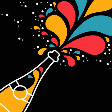 Champagne party bottle splash in outline style