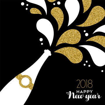 Happy new year 2018 gold glitter bottle splash