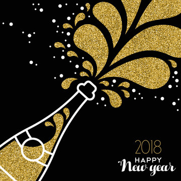Happy new year 2018 gold glitter bottle splash