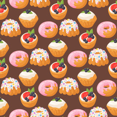 Cookie cakes tasty snack delicious chocolate homemade pastry biscuit sweet dessert bakery food seamless pattern background vector illustration