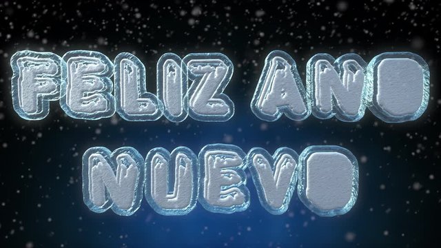 Happy New Year 3D Text Looping Animation in Spanish Language - Feliz A&ntilde;o Nuevo - Frozen Ice Text Effect With Snow Falling - 4K Resolution Ultra HD
