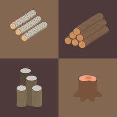 Stacked wood vector pine timber for construction building cut stump lumber tree bark materials illustration.