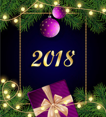 Fototapeta na wymiar Merry Christmas and Happy 2018 New Year background with frame, real tree branches, purple gift box with golden bow, light bulbs, baubles and ornaments.