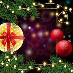 Fototapeta na wymiar Merry Christmas and Happy 2018 New Year background with frame, real tree branches, yellow spotted gift box with red bow, light bulbs, baubles and ornaments.
