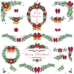 Christmas and New Year pine branches ornaments, frames, wreath set with  red bows, ribbons, bells, berries, poinsettia.