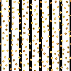 Golden dots seamless pattern on black and white striped background. Bewitching gradient golden dots endless random scattered confetti on black and white striped background.