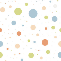Colorful polka dots seamless pattern on white 11 background. Fine classic colorful polka dots textile pattern. Seamless scattered confetti fall chaotic decor. Abstract vector illustration.