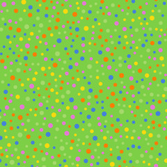 Colorful polka dots seamless pattern on bright 2 background. Appealing classic colorful polka dots textile pattern. Seamless scattered confetti fall chaotic decor. Abstract vector illustration.