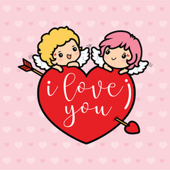 Happy Valentine's day , Cute cartoon Cupids boy and girl on big red heart
