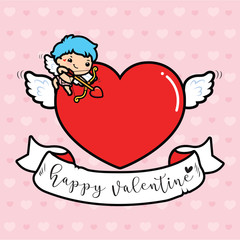 Happy Valentine's day , Cute cartoon Cupid with big heart 