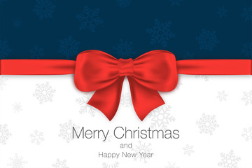 Fototapeta na wymiar Merry Christmas and Happy New Year. Blue and white background with red bow and snowflakes. Greeting card template