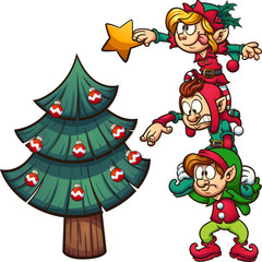 Cartoon elves standing on each other, decorating a Christmas Tree. Vector clip art illustration with simple gradients. Elves, tree and star on separate layers.