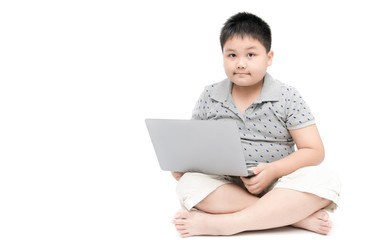 fat boy student sitting with laptop isolated