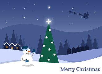 Cartoon flat vector illustration starry Christmas night and happy snowman