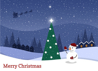 Cartoon flat vector illustration starry Christmas night and happy snowman