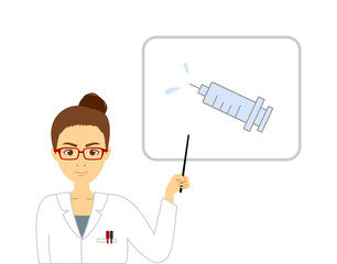 説明する白衣の女性　注射