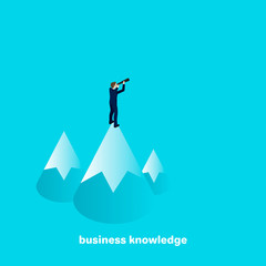 business knowledge, isometric image, business man standing on a mountain and look out into the distance through the telescope
